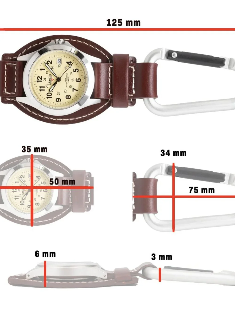 Dakota Leather Clip Watch, Military Dial, Waterproof - Brown